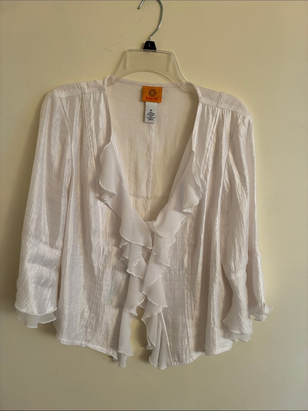 Ruby Rd. White Ruffle-Front V-Neck 3-button Cardigan